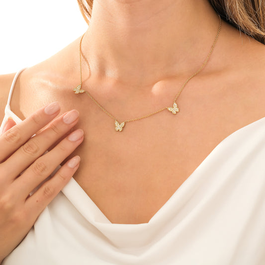 Gold Diamond Butterfly Trio Necklace