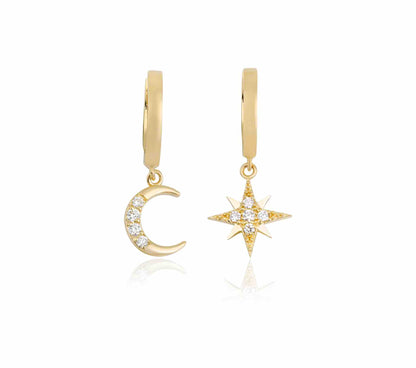 Celestial Set, Gold Earrings, Star and Moon Earring, Diamond Earring, Gold Jewelry, Diamond Jewelry