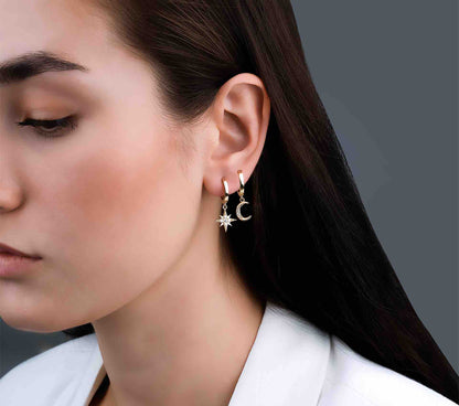 Celestial Set, Gold Earrings, Star and Moon Earring, Diamond Earring, Gold Jewelry, Diamond Jewelry