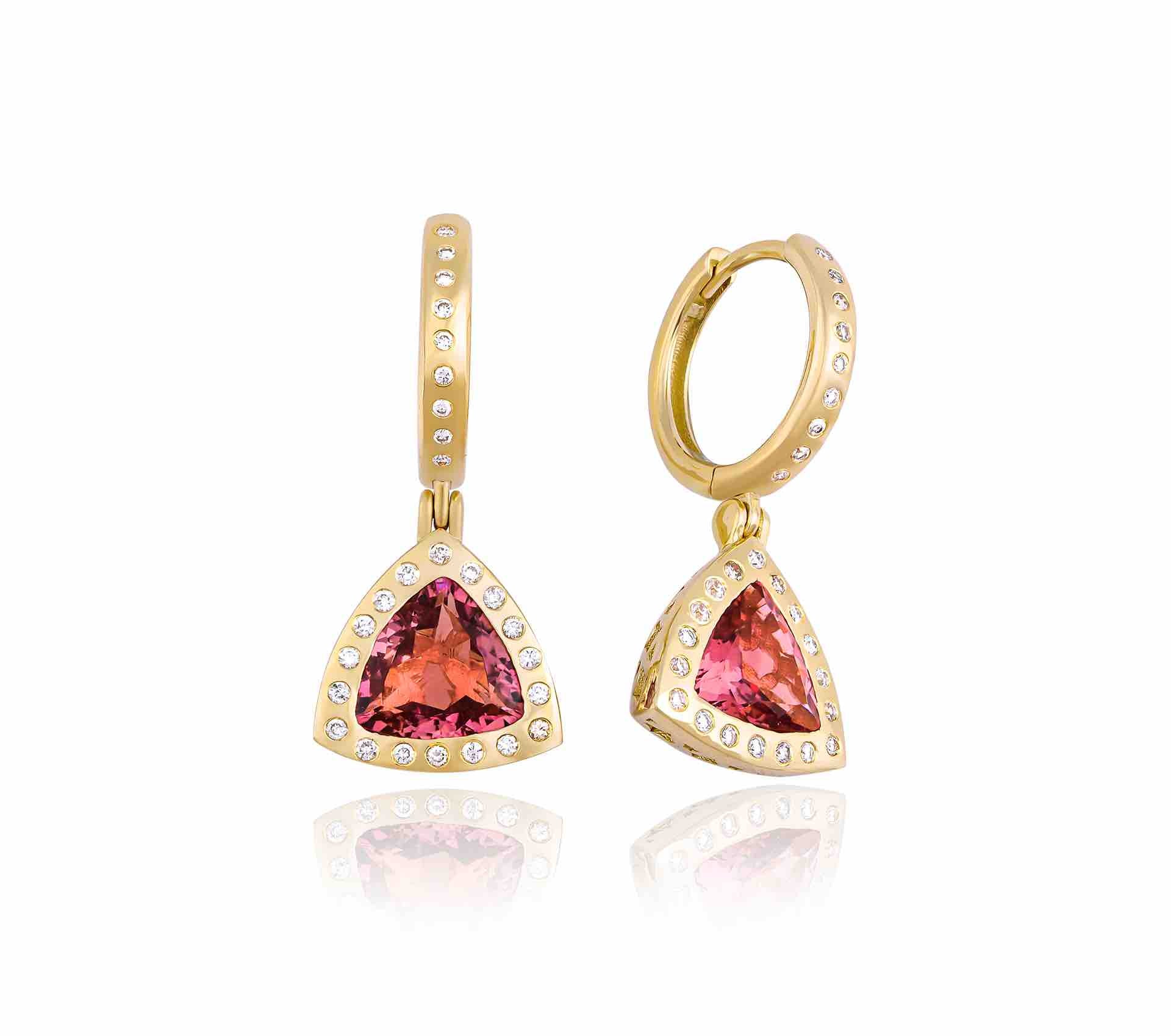 Triangle of Life, Gold Earrings, Diamond Earrings, 14K Gold Earrings, Gold Jewelry, Tourmaline Earrings, Gemstone Earrings
